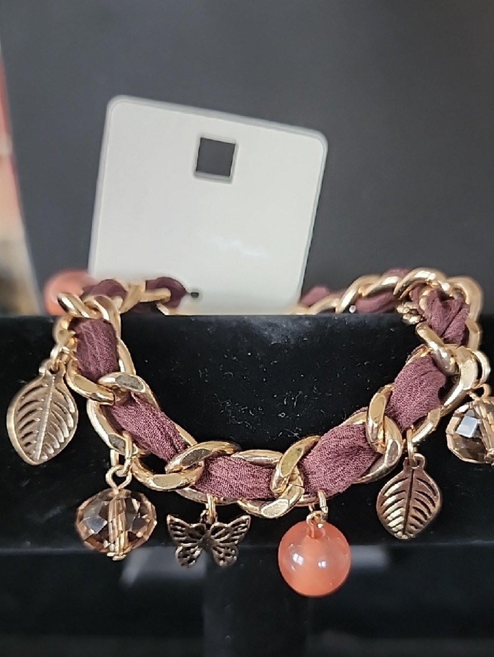 Gold-Tone Leaf & Bead Charm Bracelet with Mauve Fabric Weave